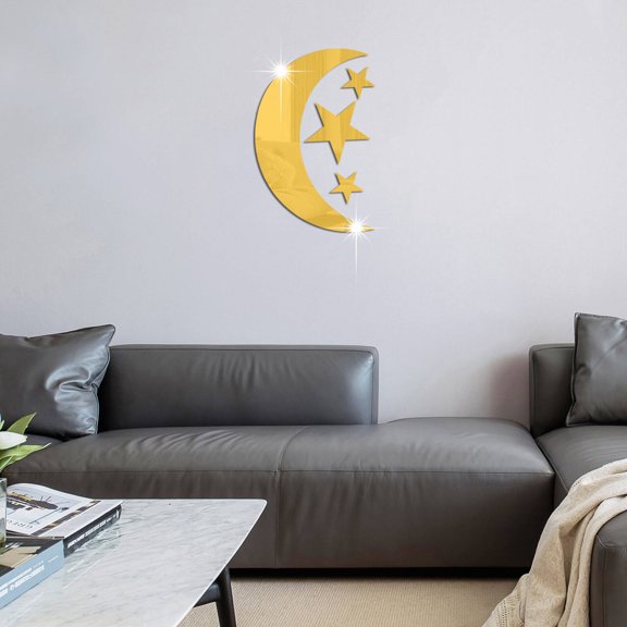 CCOCC Wall Paper, Dreamy Star & Moon Design Wall Decals,Mirror Acrylic Bedroom Wall Decor,Gold