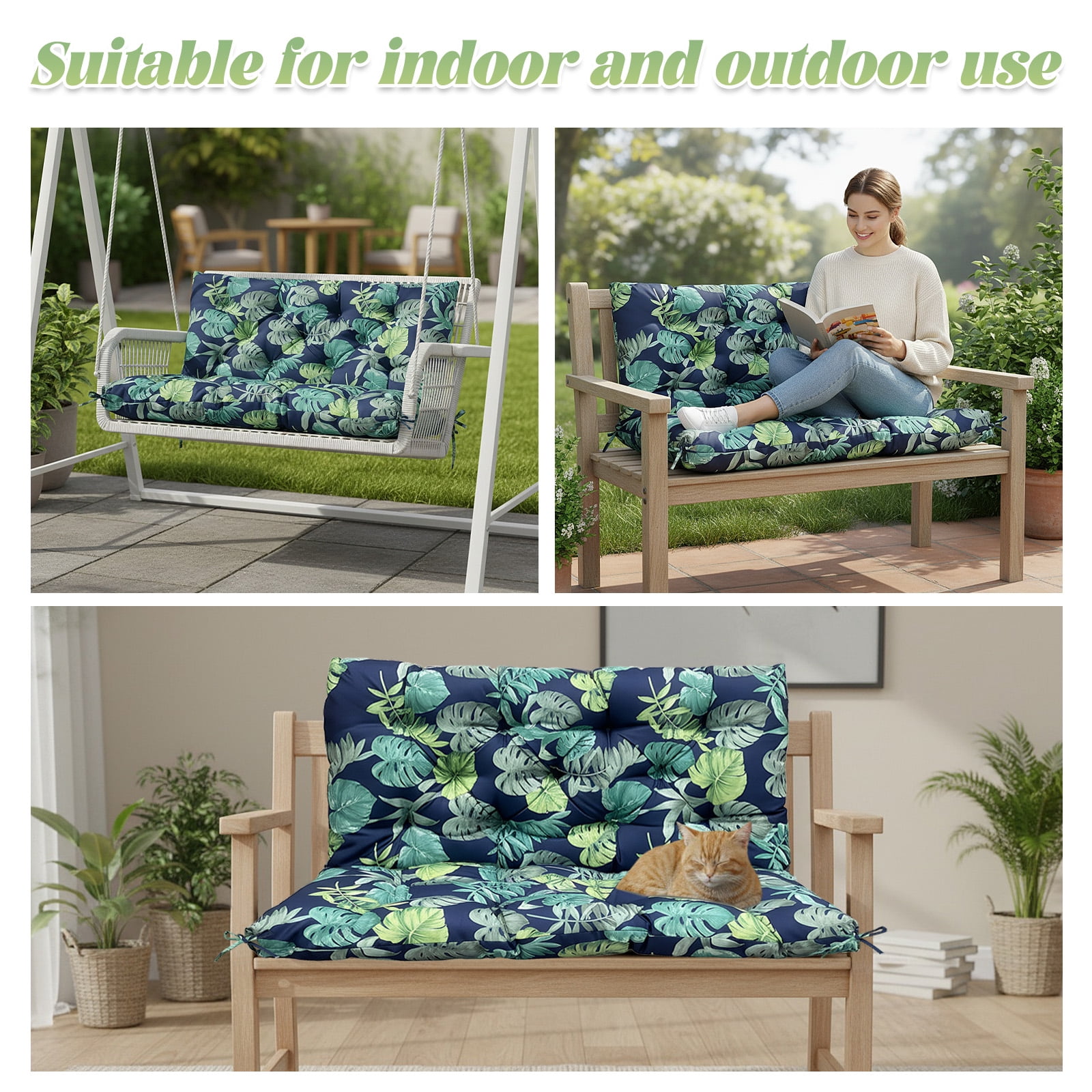 Eurhowing Outdoor Bench Cushion Waterproof, 40"x40"x4" Thick Patio Swing Chair Cushions with Ties, All-Weather High Density Foam Seat Pad for Porch Garden Furniture, Leaves