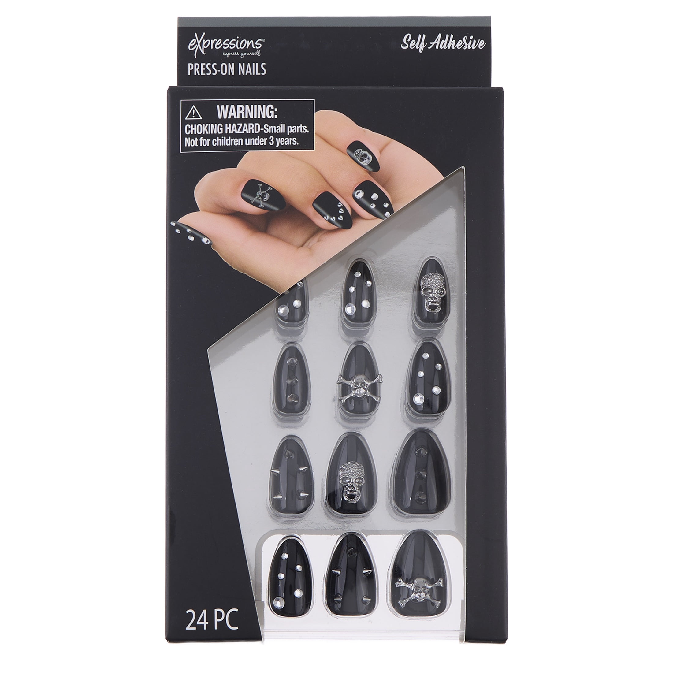 Expressions 24-Pack Self Adhesive Halloween Press-On Nails - Black Skulls & Studs