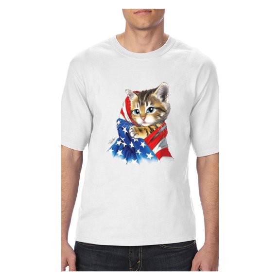 MmF - Big Men's T-Shirt, up to Tall Size 3XLT - American Flag 4th of July Kitty