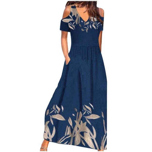 Mefallenssiah Fall Fashion Women Casual Comfortable off Shoulder Pocket Short Sleeve V-Neck Ankle Dress