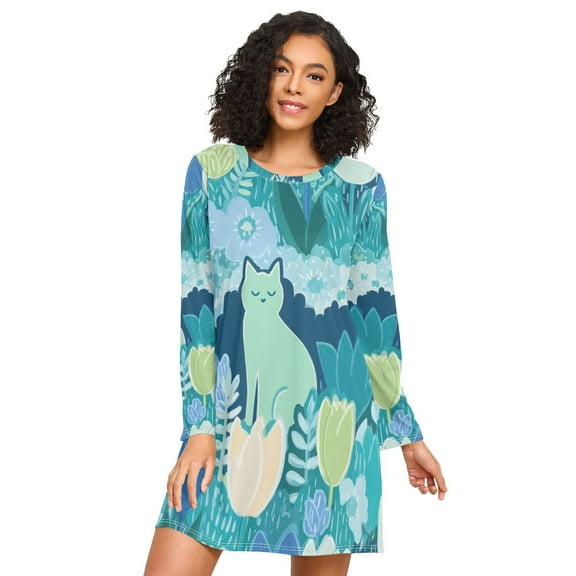 FORMRS Womens Long Sleeve Nightgowns Crew Neck Sleep Shirt Soft Pajamas Sizes S-3XL, Vibrant Cat Pattern