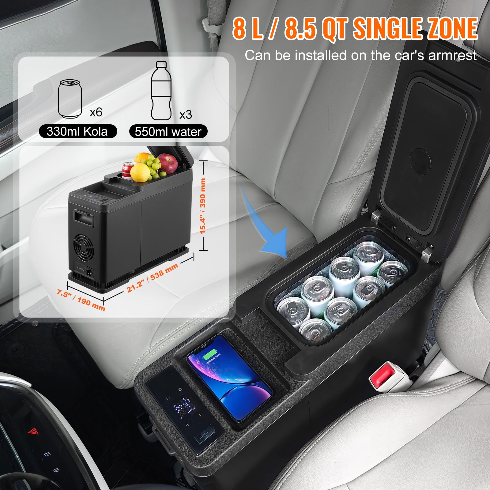 KFFKFF Portable 12V Car Armrest Refrigerator, 8L Single Zone Cooler with Adjustable Temperature Range from -4℉ to 68℉, Compatible with 12/24V DC and 100-240V AC Power for Outdoor Adventures