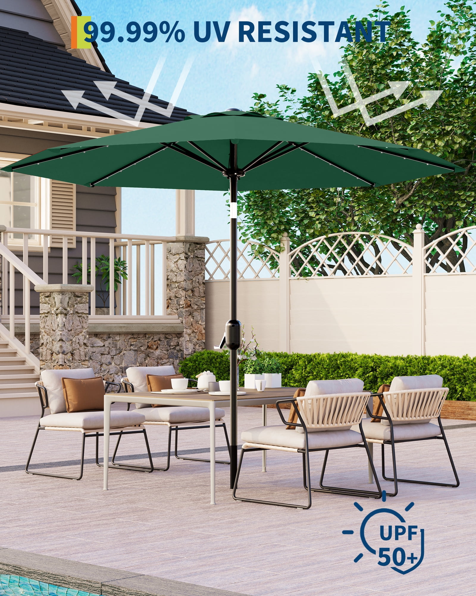 10 Ft Patio Umbrella With Solar Lights, 8 Sturdy Ribs, Table Umbrella with Push Button Tilt and Crank, UV Protection Waterproof, for Garden, Backyard, Poolside