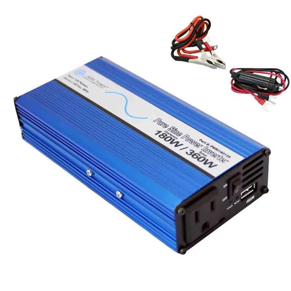 AIMS Power 180W Pure Sine Power Inverter 12VDC to 120VAC for Small Chargers, Christmas Lights, and Travel