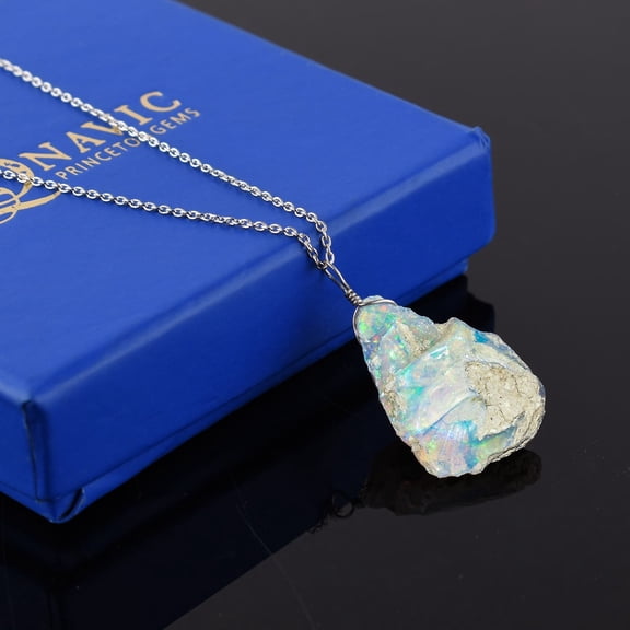 QNAVIC 100% Natural Fire Raw Ethiopian Opal Stone Handmade Dainty Pendant Necklace For Women, Healing Chakra, Birthstone Jewelry, Rhodium Plated 925 Sterling Silver Chain 18 inch, Gift for Her