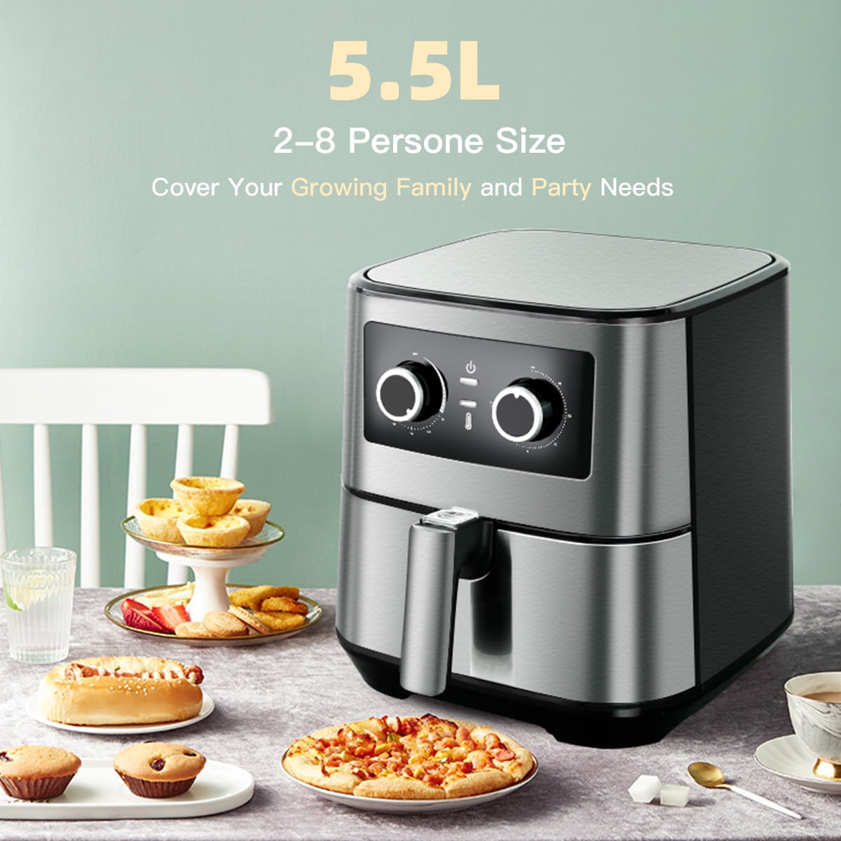 Uten 5.8 Qt Air Fryer Toaster Oven, 1700W 8-in-1 Air Fryer with Electric Knob Control, Adjustable Timer & Temperature, Nonstick Basket for Roast Bake Reheat, Easy Clean Compact, Black