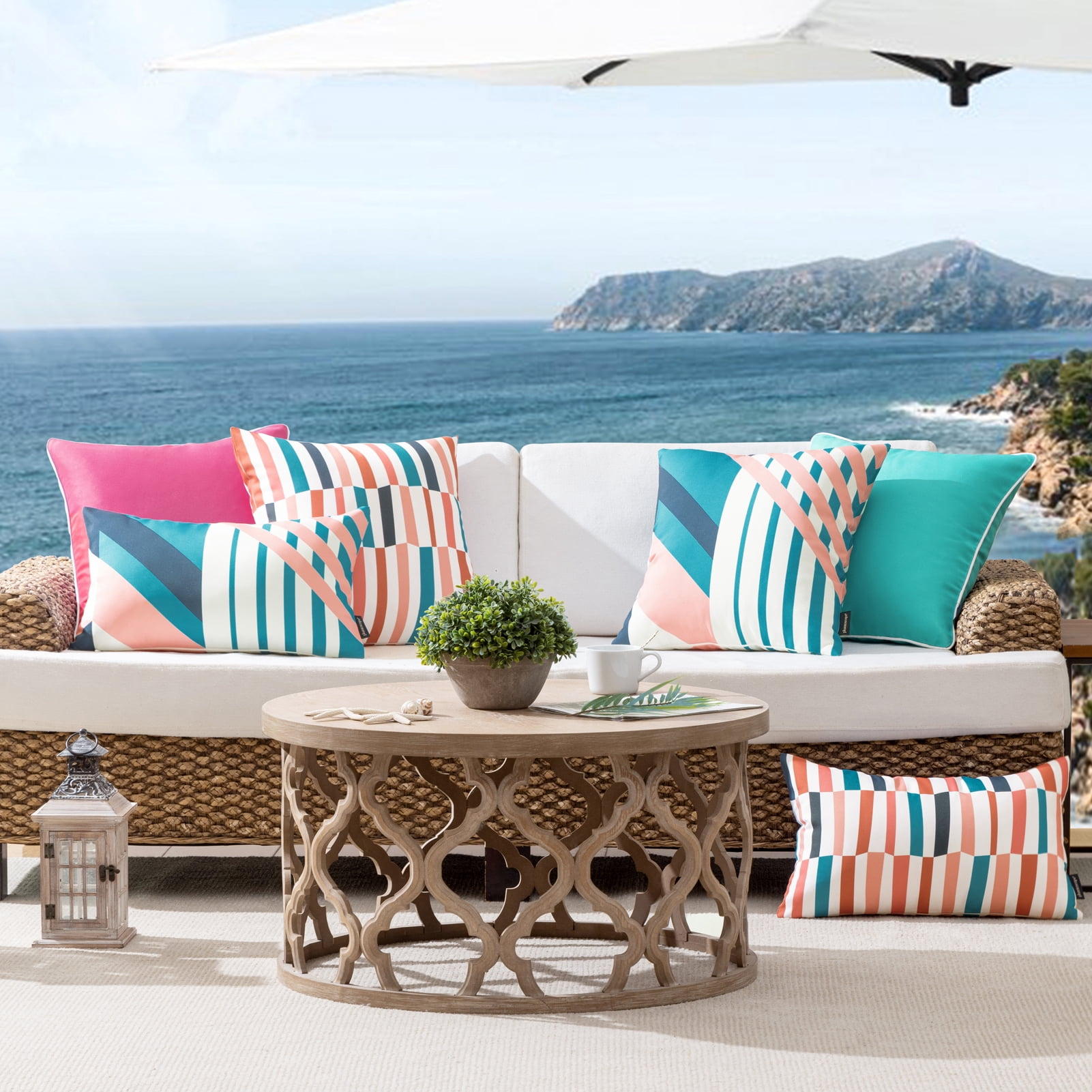 Phantoscope 2 Pack Waterproof Outdoor Decorative Throw Pillow 18x18, Geometric Color Block Patio Cushion Cases for Couch & Tent, Pink & Blue