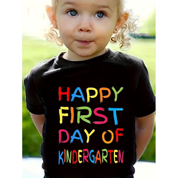 “Happy First Of The Kindergarten” Letter Print Creative T-Shirts, Soft & Elastic Comfy Crew Neck Short Sleeve Tee, Girls' Daily Wear Top