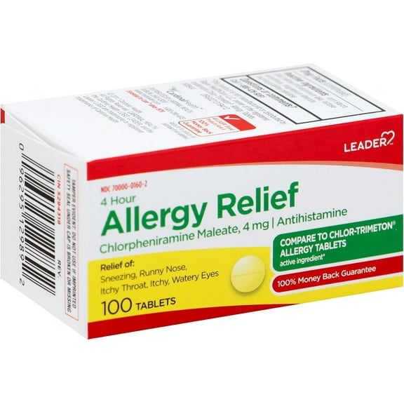 LEADER 4 Hour Allergy Relief, Chlorpheniramine Maleate 4 mg, Antihistamine, for Adults, Both Men & Women, and Children Ages 6 , 100 Tablets, Pack of 1