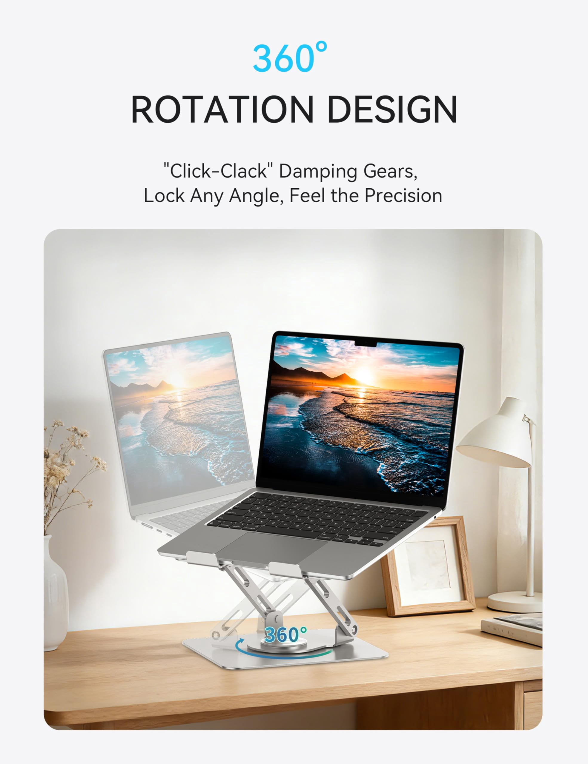 360 Rotating Laptop Stand  Computer Riser For Desk Adjustable Height Multi-angle Metal Holder Foldable Portable Notebook Elevating Base Office & Home Grey
