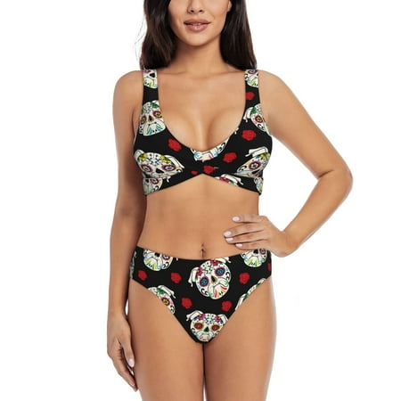 Zeuib PUG High Waisted Tummy Control Bikini Set - Knot Front Push Up Top & Cheeky Thong Bottom  Two-Piece Swimsuit for Women-Small