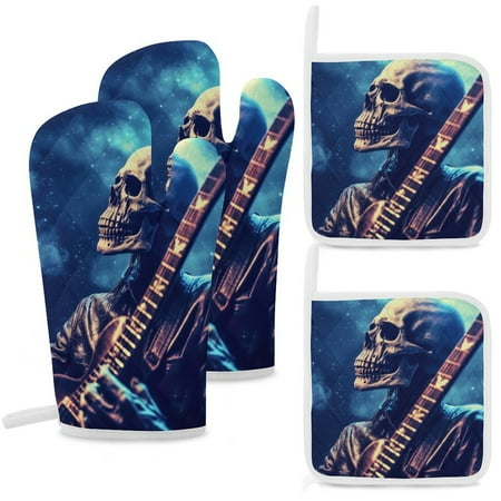 

Guitar Skeleton Rock Oven Mitts And Pot Holders Sets of 4 Oven Gloves Set Potholders for Kitchen Cooking Baking Grilling Anti Scald Hot Pads And Heat Resistant
