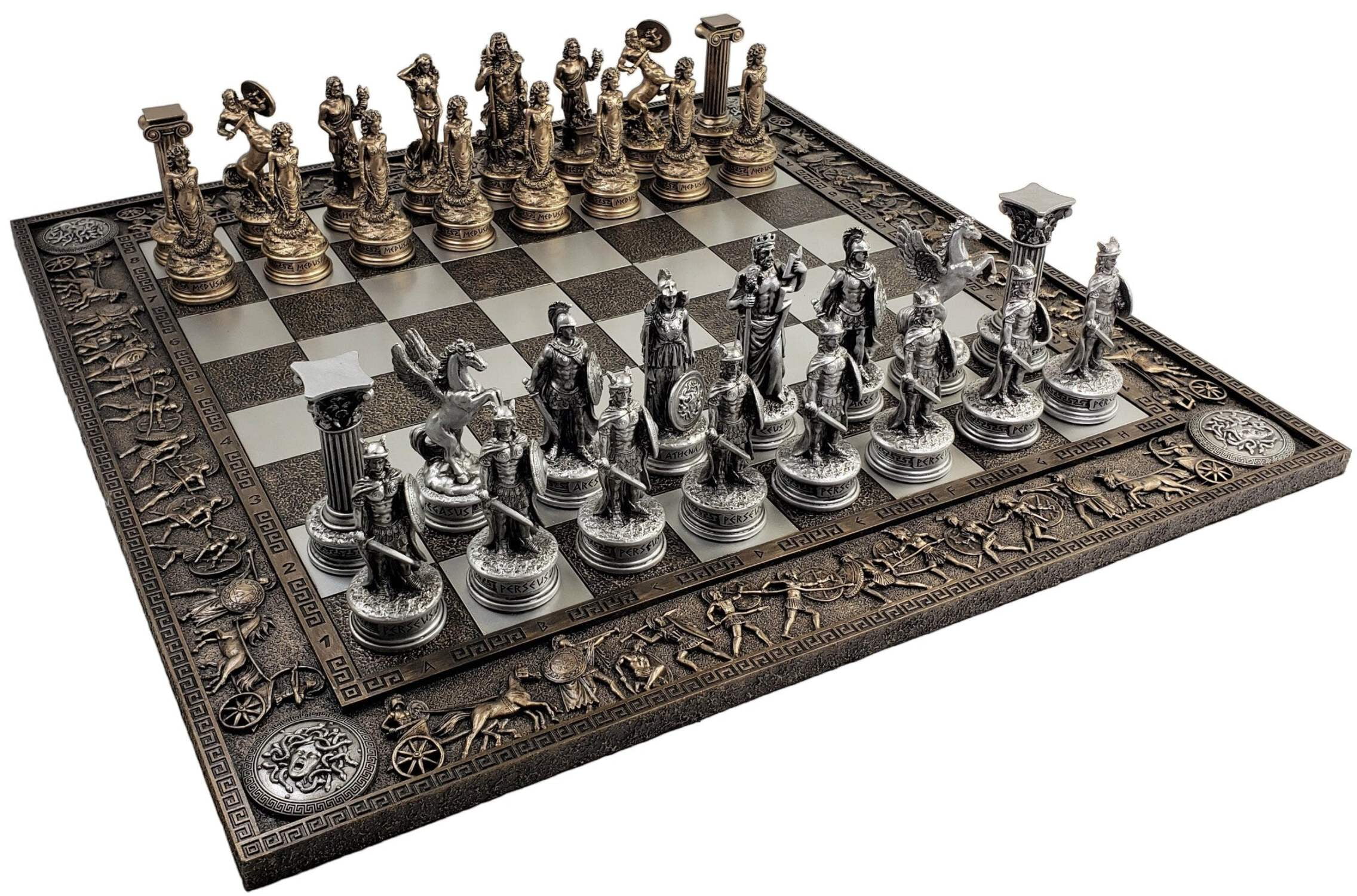 Greek Mythology Olympus Gods Chess Set Pewter  Bronze Color W 17" Greek Board
