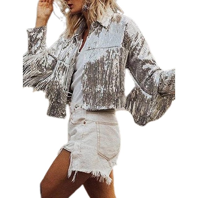 LinYooLi Women's Sequin Tassel Jacket Sparkle Retro Long Sleeve Reflective Fringe Jacket Sequin Coat