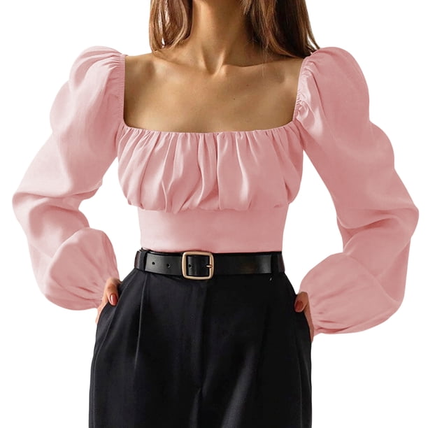 SAYOO Blusa plegada para mujeres, camiseta cuello cuadrado de manga larga SAYOO moda