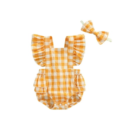 

Qmyliery Infant Baby Girls Casual Romper Plaid Printed Sleeveless Ruffled Bodysuit with Headband 0-24 Months