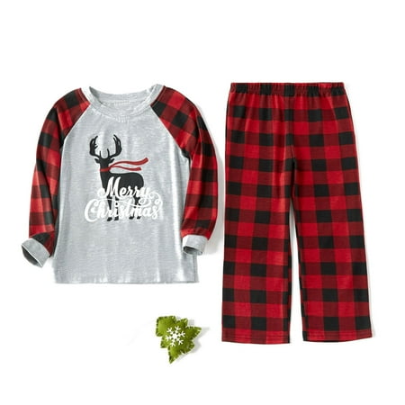 

MERSARIPHY Matching Family Christmas Pajamas Set Cute Letter Reindeer Print Raglan Sleeve Tee Top + Plaid Pants Set Sleepwear