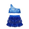 thumbnail image 5 of CHICTRY Kids Girls Sequin Metallic Jazz Modern Latin Dance Crop Top with Skirt Hair Band Set Royal Blue 12, 5 of 7