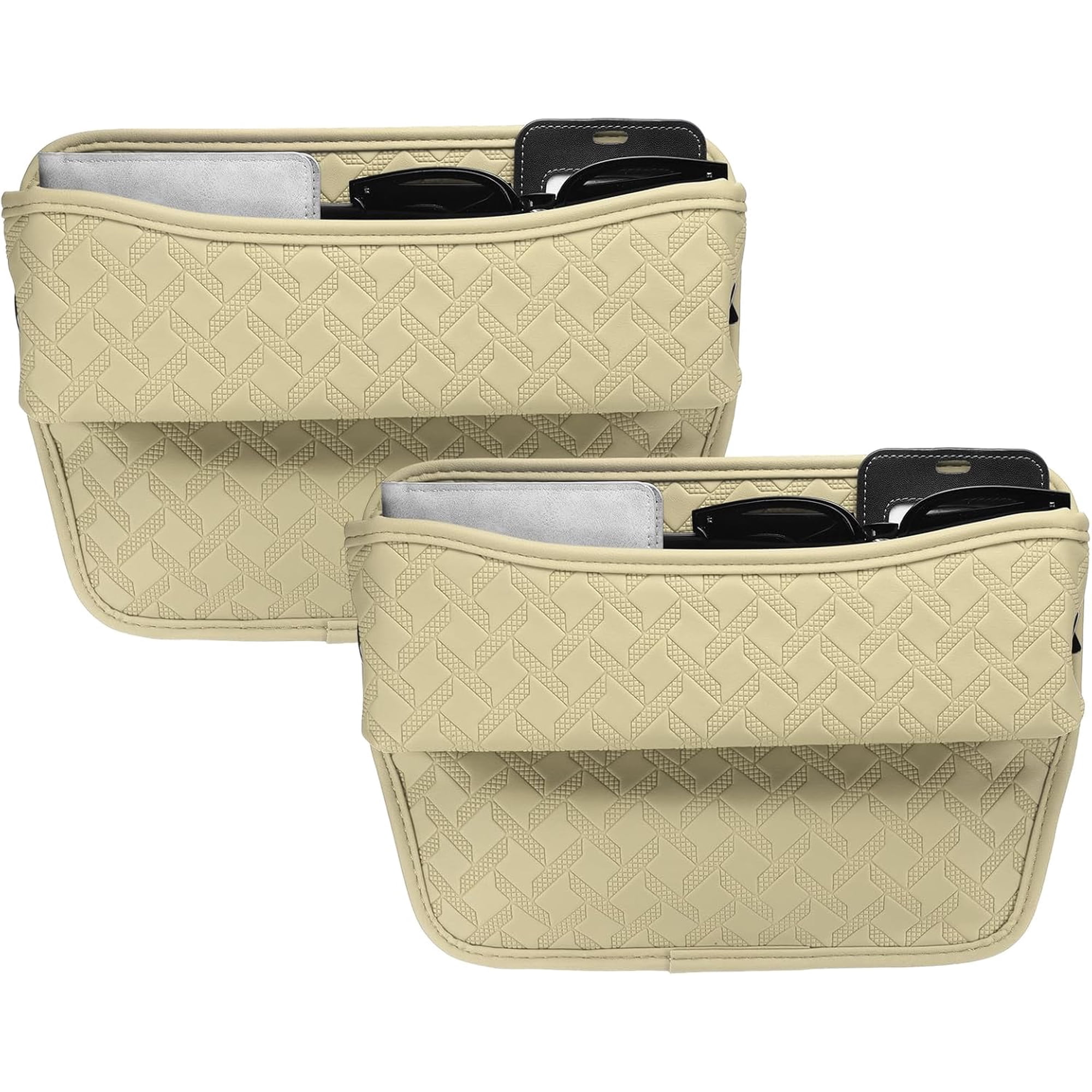 2pcs Car Seat Gap Filler Organizer 11.5 x 8 x 2.1 Inch Leather Universal Car Organizer Storage Box Between Seat and Console for Phone Sunglasses Keys, Beige