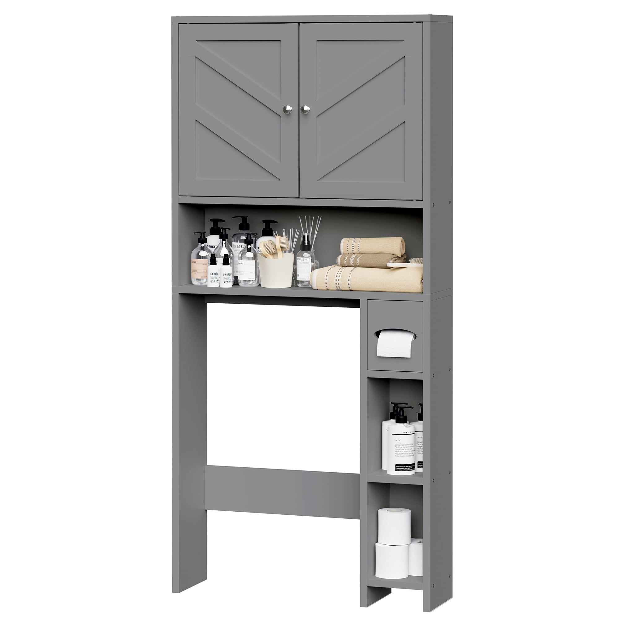 Walsunny Over the Toilet Storage Cabinet with Doors Side Storage Toilet Paper Holder Stand Space Saver Shelf Organizer Rack Freestanding for Restroom Bathroom Laundry Gray