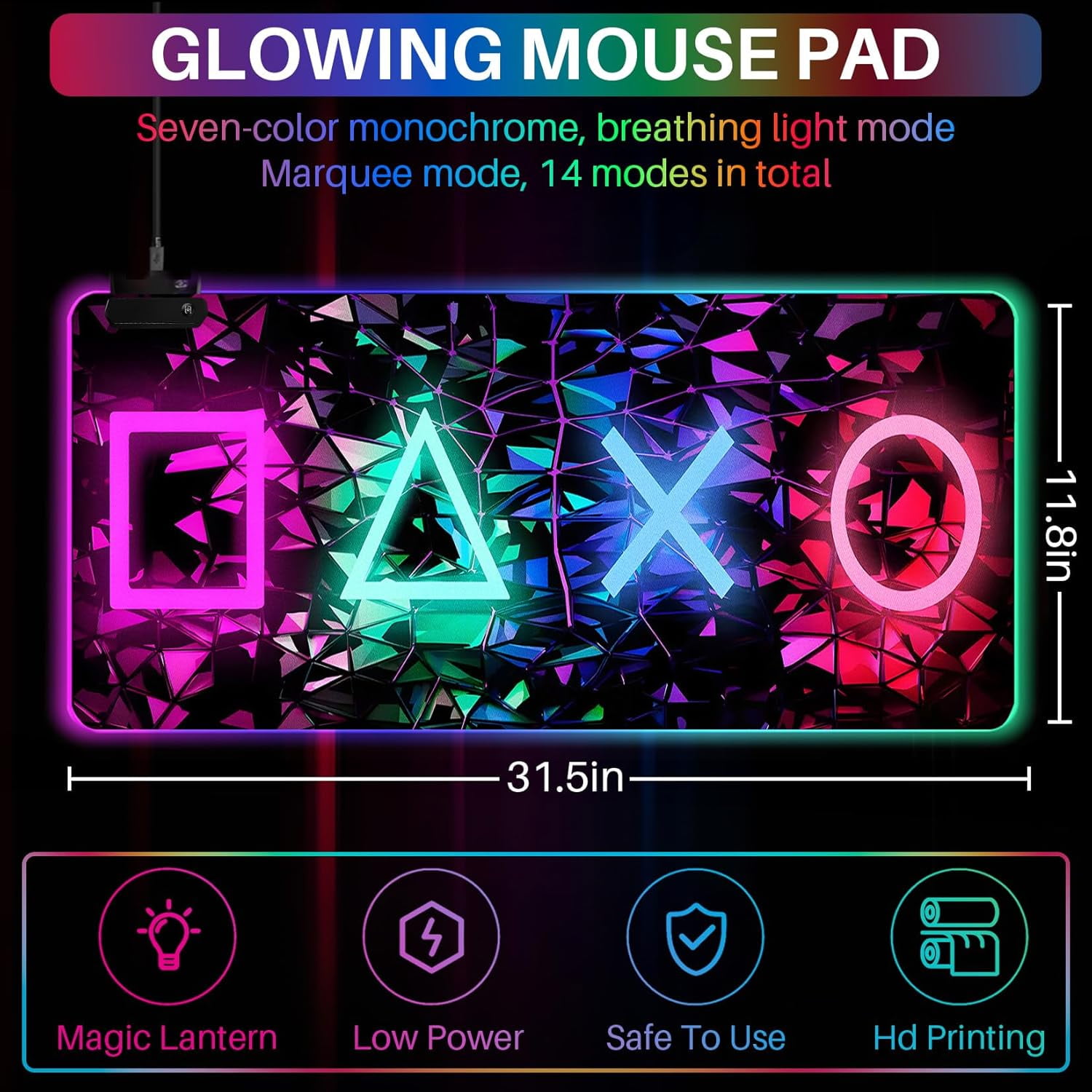 XL Led Gaming Mouse Pad with 14 Light Modes - Light Up Gamer Mouse Pad,31.5 x 11.8in Non-Slip Gamepad Style RGB Large Gamer Mousepad,Black Long Glowing Gaming Accessories for Desk,Waterproof