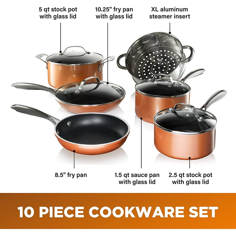Gotham Steel Copper Cast Pots and Pans Set, 10 Piece Cookware with