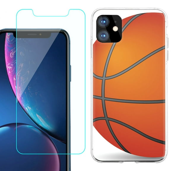 For Apple iPhone 11 Case , Slim-Fit TPU Protective Phone Case with Tempered Glass Screen Protector, by OneToughShield ® - Basketball
