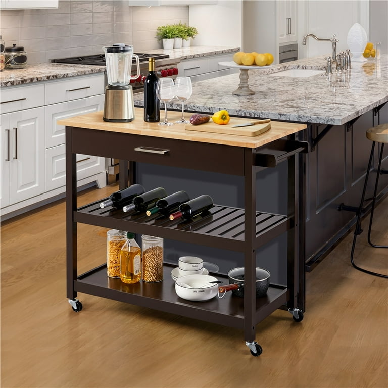 Topeakmart Kitchen Island Cart on Wheels with Storage & Drawer Solid Wood, Size: 40x20x36.5 (LxWxH), Brown