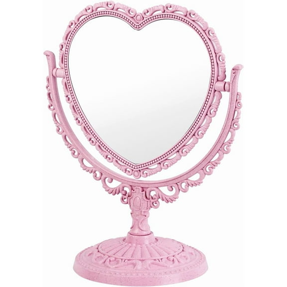 Heart Shaped Mirror Cute Vanity Princess Mirror for Desk,Double-Sided Rotatable Table Mirror with Stand Downtown Girl Room Coquette Decor (Pink)