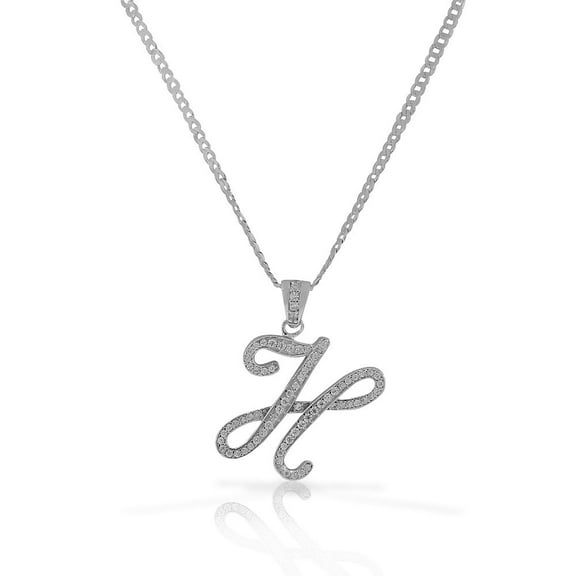 925 Sterling Silver CZ Letter Initial "H" Pendant Necklace - H