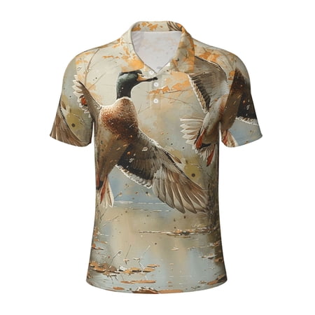 Men s Polo Shirts Casual Button Placket Apparel Golf Office Beach Top Mallards Duck Cute Hunting Vintage
