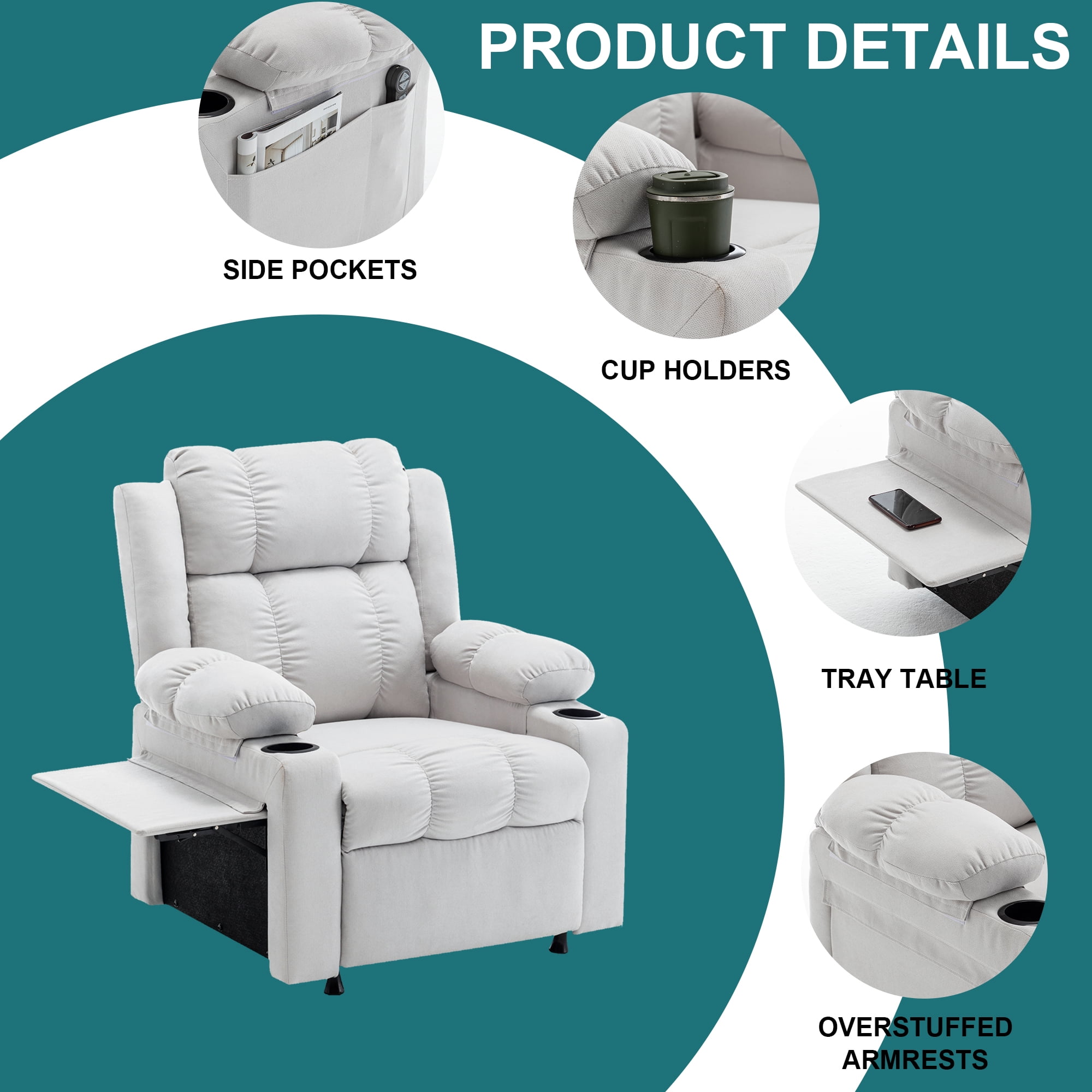 Andeworld 22" Recliner Chairs with Heat and Massage,Oversized Recliner Sofa chairs with Cup Holder, Side Pocket and Tray Taable for Living Rooms, Bedrooms, and Nurseries(Beige)
