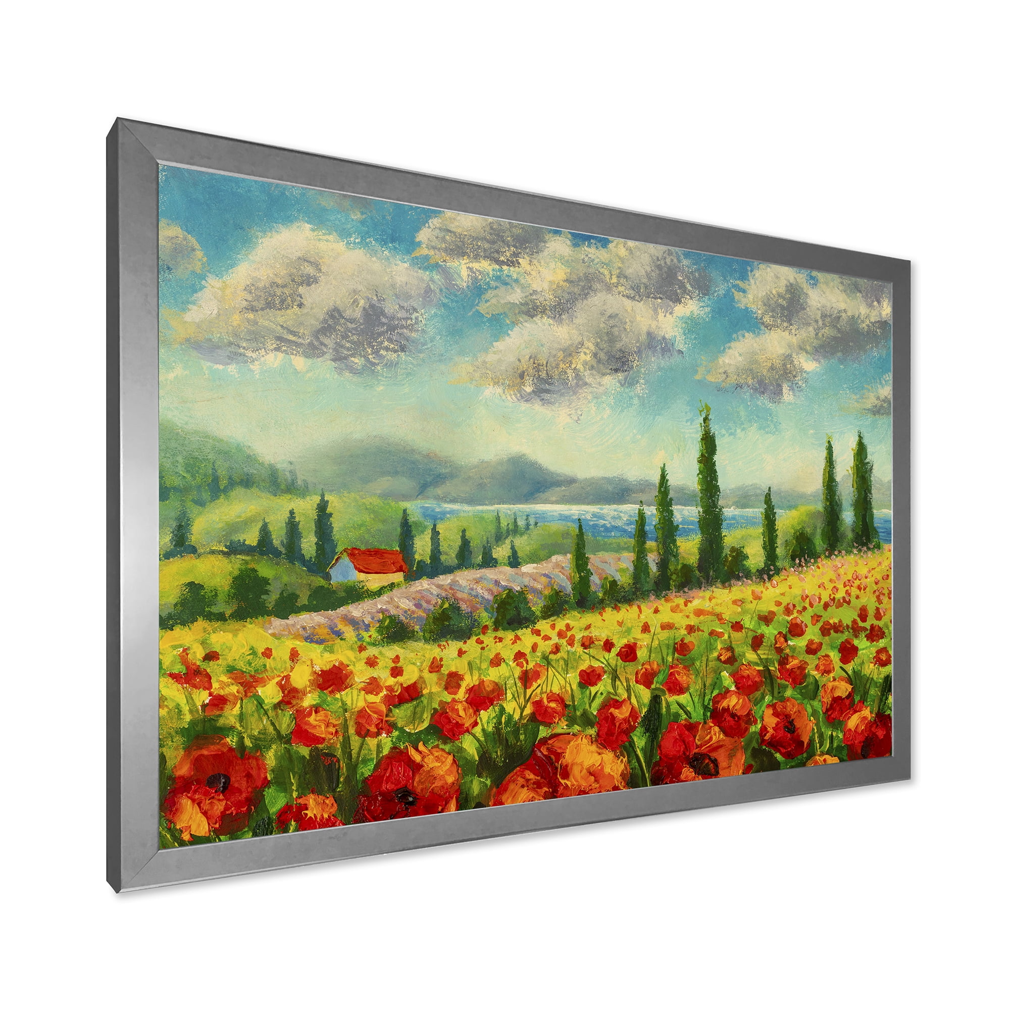 Designart 'Beautiful Landscape With Poppies Flowers By Riverside' Traditional Framed Art Print