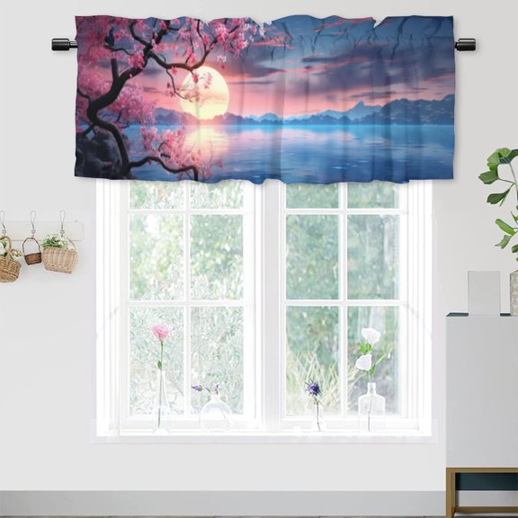 Cherry Blossom Kitchen Valance Curtains Full Moon Ocean Japanese Pink Floral Window Valance for Living Room Bedroom, Kitchen Valance Rod Pocket Window Decor Curtain 54 by 18 in, 1 Panel
