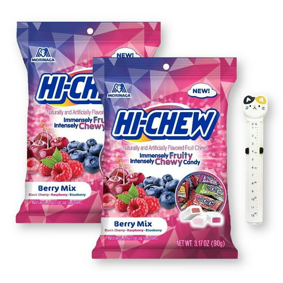 Hi-Chew Berry Mix 3 Flavors by Morinaga Fruit Chew Candy Peg Bag with 1 Animal Design Calendar Storage Bag Clip 3.17 Oz. (Pack of 2)