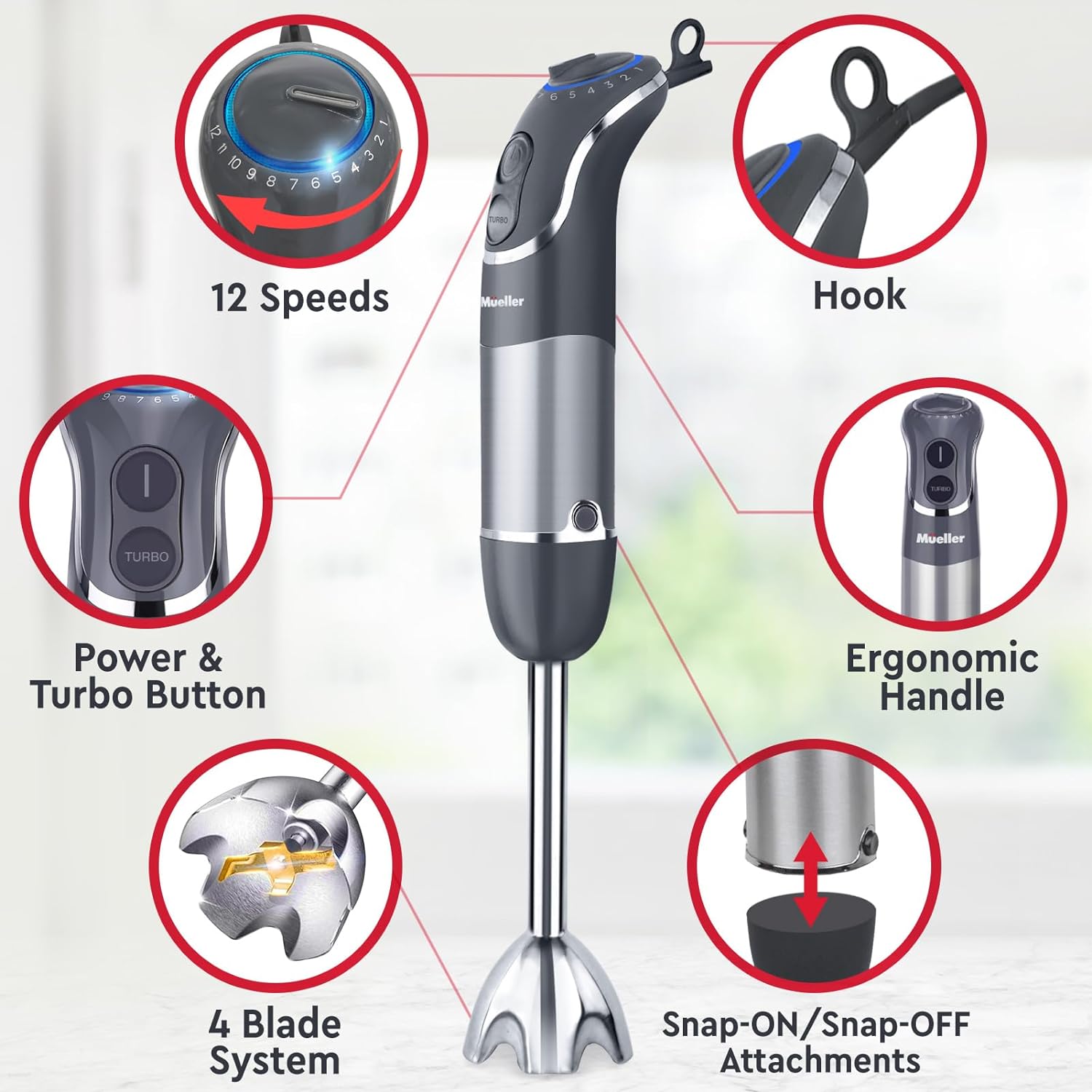 Mueller Immersion Blender Handheld, 800W 5-in-1 Stick Blender with Whisk, Frother, Beaker & Chopper, 12 Speeds + Turbo, Electric Hand Held Mixer for Soups, Smoothies & Baby Food, Grey