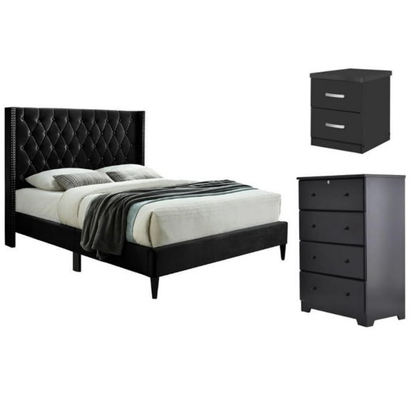 Home Square 3-Piece Set with Tufted Queen Bed 4-Drawer Chest Dresser Nightstand