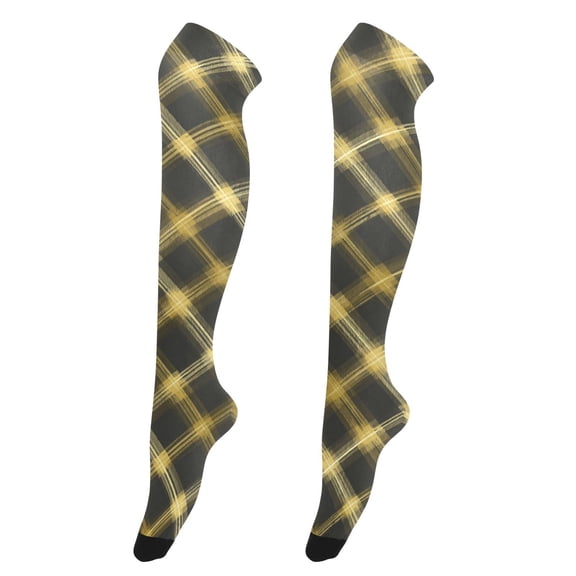 Women's Knee-High Socks Yellow Striped Plaid High-Knee Stocking Suitable for Parties Home and Sports