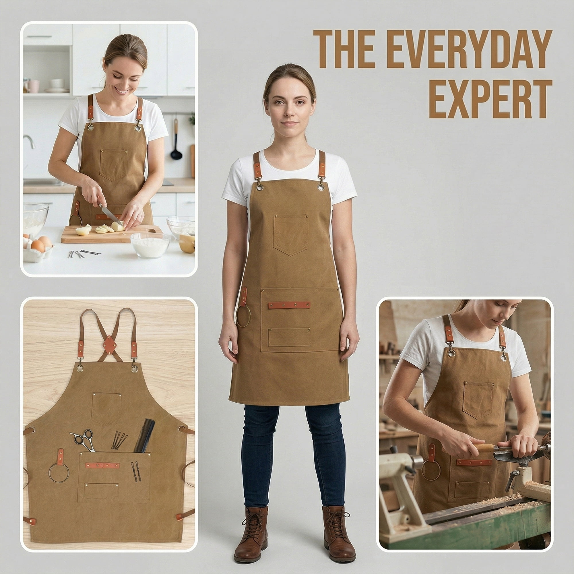 Unique Bargains Adjustable Cooking Apron with Pockets for Home and Kitchen Camel