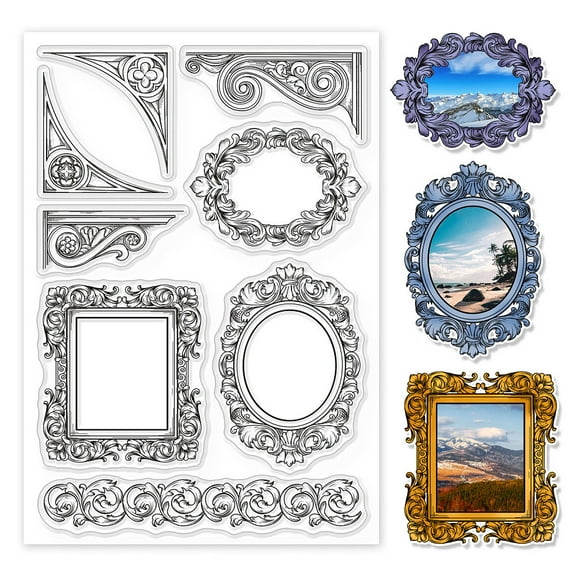 1Sheet Vintage Baroque Frame Clear Stamps European Style Border Silicone Clear Stamp Seals for Cards Making DIY Scrapbooking Photo Journal Album Decoration