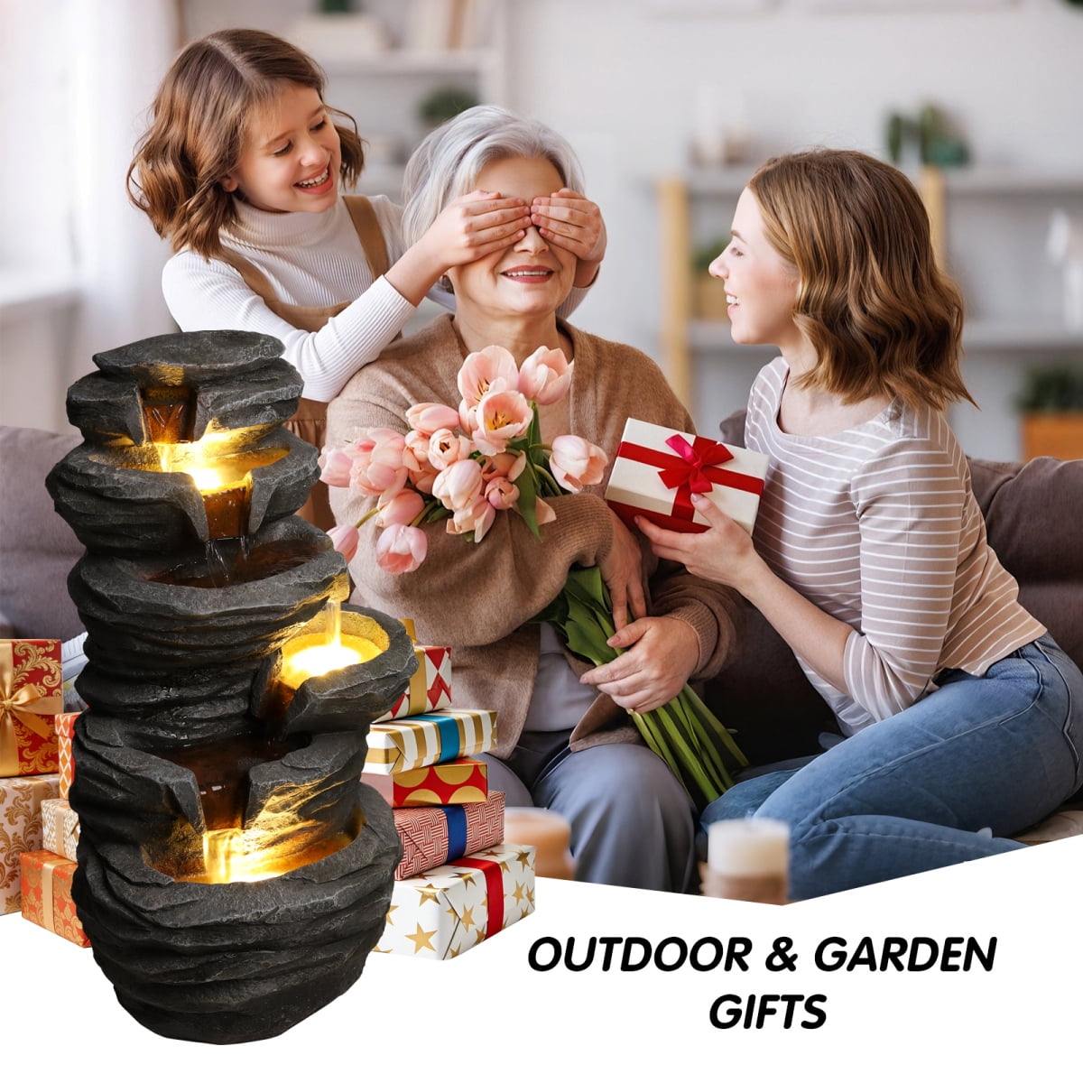 25.6" 4-Tier Stacked Rock Water Fountain with Warm LED Lights, Cascading Waterfall Fountain, Weather-Resistant Outdoor Decor for Patio, Garden & Backyard