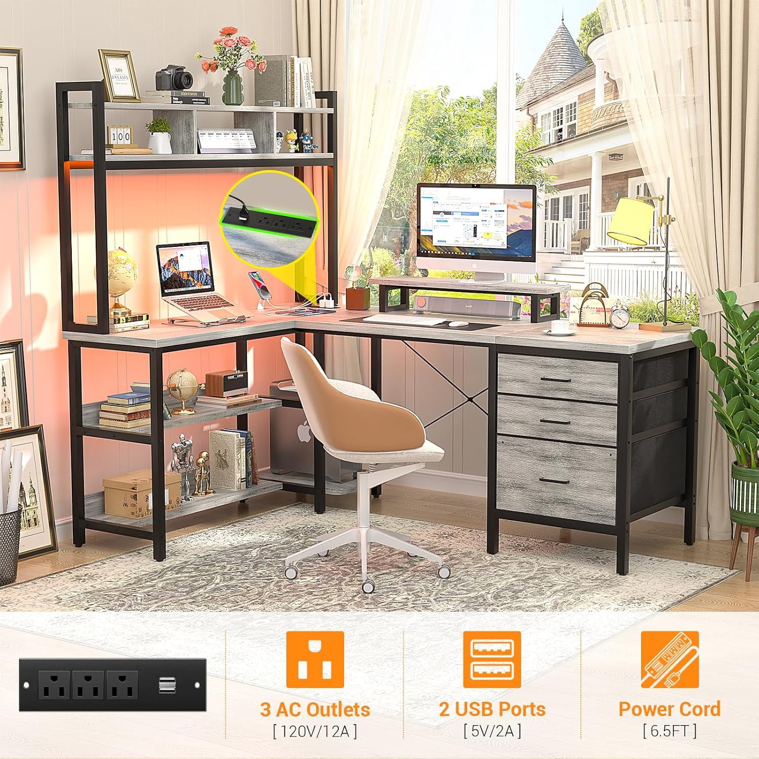 Homieasy L Shaped Desk with Hutch, Gaming Desk with Led Lights, Reversible Computer Desk with Power Outlet, Corner Desk with File Drawer & Monitor Stand, Storage Shelves for Home Office, White Oak