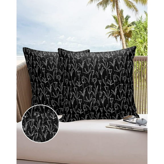 Outdoor Throw Pillow Cover Minimalist Sketch Floral Waterproof Cushion Covers 2 Pack Tulip Flower Leaves on Black Pillow Cases Home Decoration for Patio Garden Couch Sofa