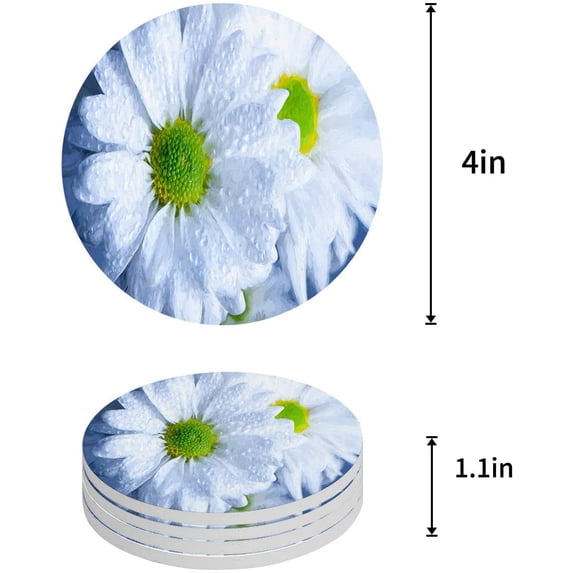 FMSHPON Oil Painting Style Summer White Daisy Set of 6 Round Coaster for Drinks, Absorbent Ceramic Stone Coasters Cup Mat with Cork Base for Home Kitchen Room Coffee Table Bar Decor