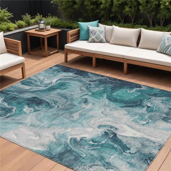 HomeRoots 617804 9 x 12 ft. Teal Blue & Ivory Abstract Washable Indoor & Outdoor Rectangle Area Rug