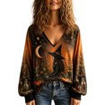 thumbnail image 3 of OIOLOYJM Halloween Long Sleeve Tops for Women Fall Casual V-Neck Pumpkin Graphic Happy Holiday Shirts Loose Fit Comfortable Lounge T Shirts Orange 3XL, 3 of 5