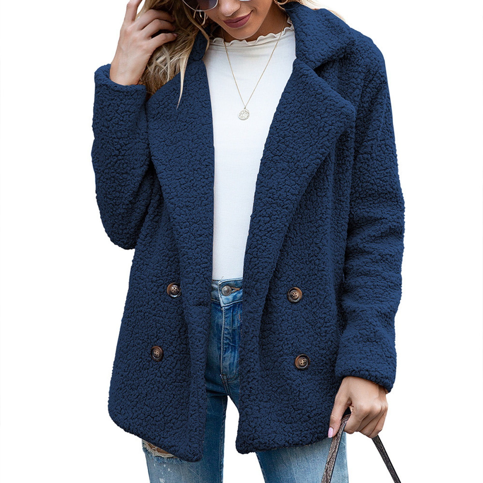 Jacket Women Women's Solid Color Winter Buttoned Jackets with Pockets Casual Style Coats for Women Blue L - image 4