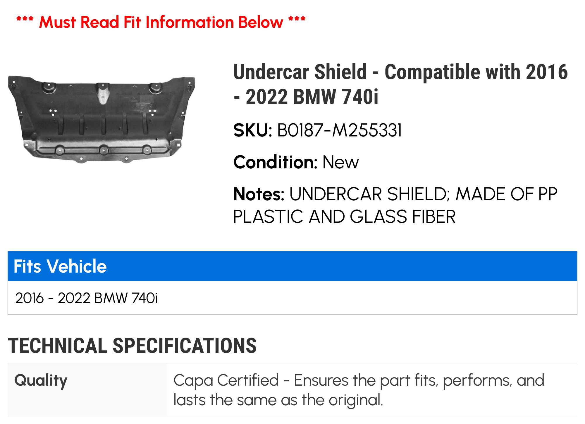 Undercar Shield - Compatible with 2016 - 2022 BMW 740i 2017 2018 2019 2020 2021