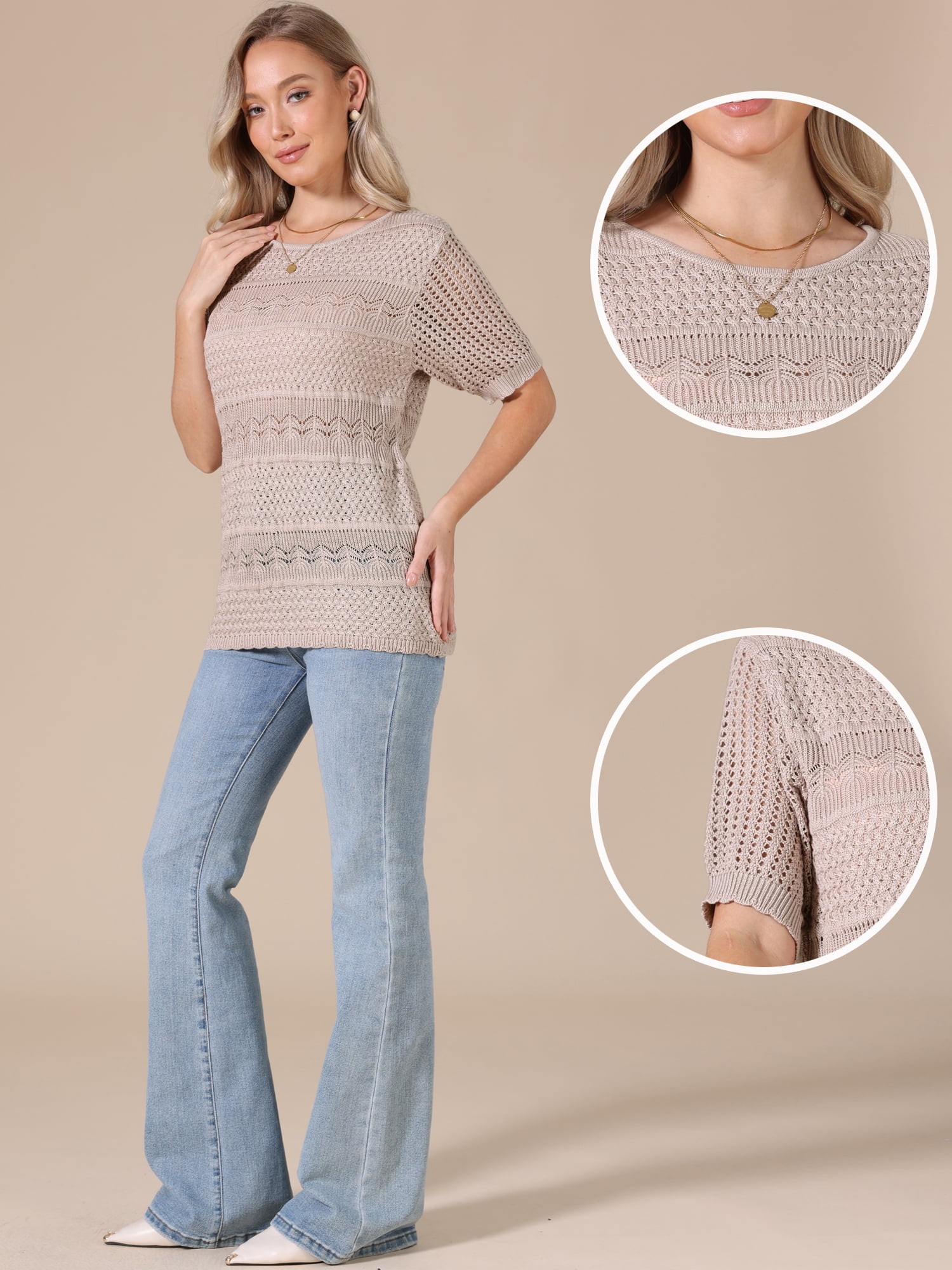 DARING DIVA Women's Crochet Tops Lightweight Short Sleeve Pullover Knit Blouses S Khaki